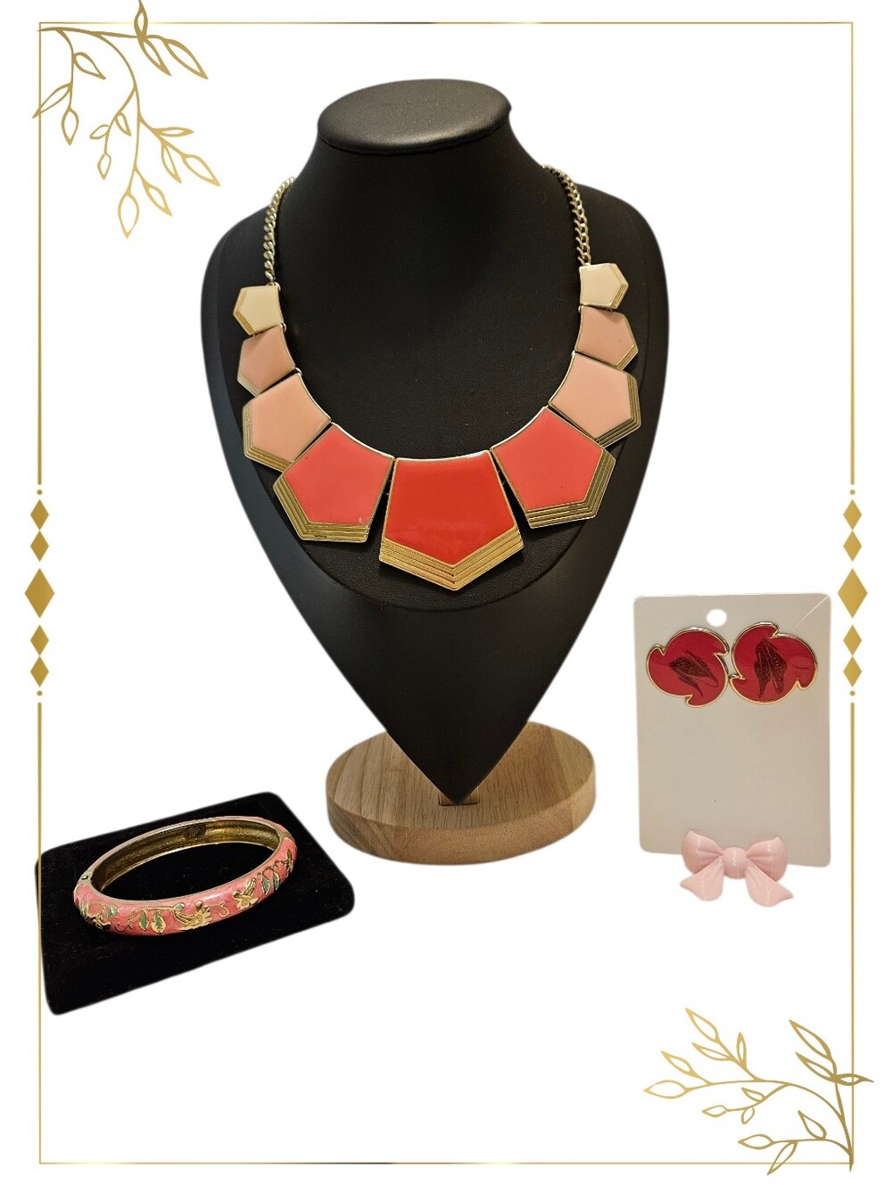 Gold Tone Fuschia, Pink, Peach & Cream Color Geometric Statement Necklace Set